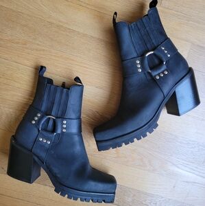 Jeffrey Campbell Black Chunky Heel Ankle Boots with Studded Harness